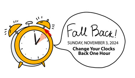 Fall Backward. Turn Clocks Back one hour schedule with reminder text with date November 3, 2024. Vector illustration in funny doodle style. Daylight Savings Timeのイラスト素材