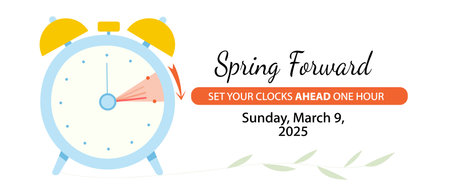Spring Daylight Saving Time Starts. The clocks moves forward one hour at Sunday, March 9, 2025 and text reminder to change clocks. Vector illustration bannerのイラスト素材