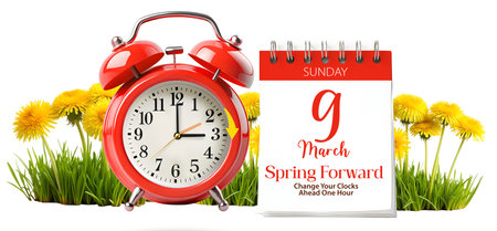 Daylight Saving Time Info Banner. Spring Forward concept with red alarm clock and moves arrow one hour forward with tear-off calendar date 9 March, 2025. Change clocks one hour aheの写真素材