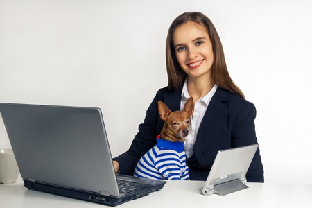 The girl and little dog work with laptopsの写真素材