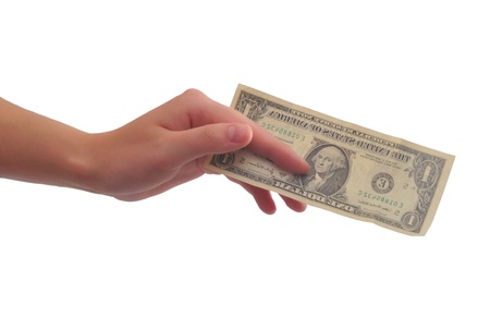 Female hand which holds an one-dollar banknote