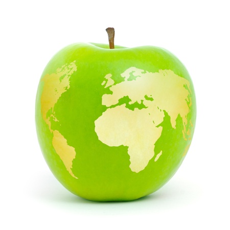 Green apple world map on white background.の写真素材