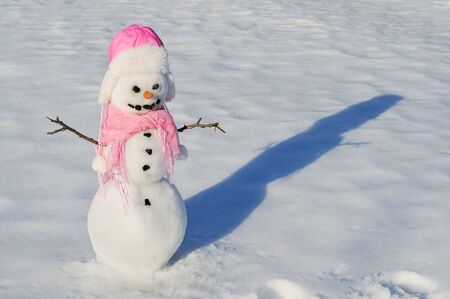 Snowman with carrot nose, and coal eyes/mouth on snowy fieldの写真素材