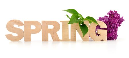 SPRING word and lilac flowers on a white background. Spring holidays concept. の写真素材
