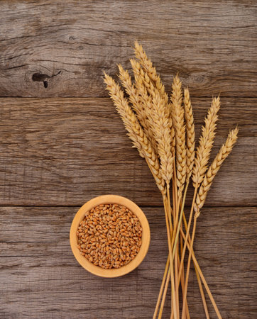 Brown ears of wheat on wooden background.の写真素材