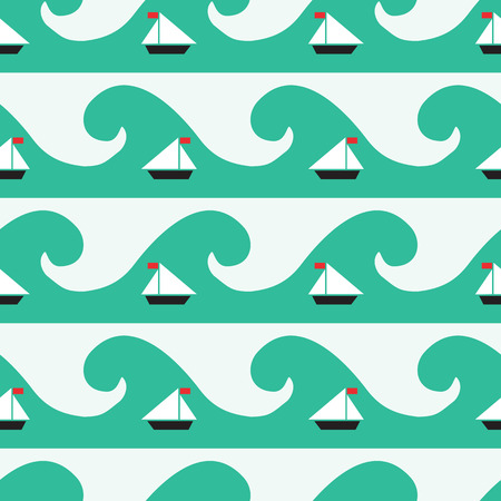 seamless pattern with sea ship and wave elements, geometric designのイラスト素材