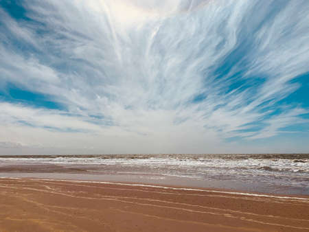 Beautiful Maasvlakte beach in the Netherlands, blue sky with clouds, nature and North sea. High quality photoの写真素材