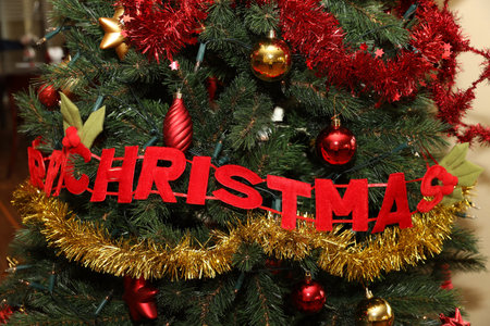Red text Christmas decoration on xmas tree