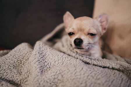 Closeup portrait of small funny beige mini chihuahua dog in gray blanket, puppy, blurred background. High quality photoの写真素材