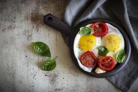 Fried egg with tomato slices, spices and Basil leaves on a pan that stands on a gray backgroundの写真素材