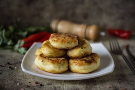 Vegetarian dish: vegetable potato cutlets on a white plateの写真素材
