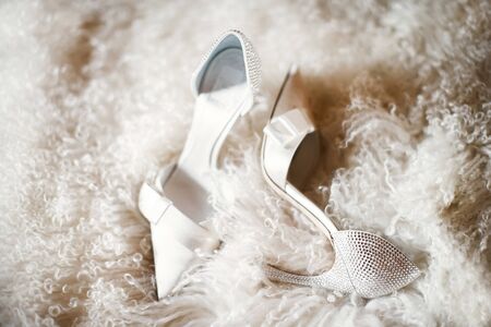 Wedding shoes are on the wool. Wedding preparationの写真素材