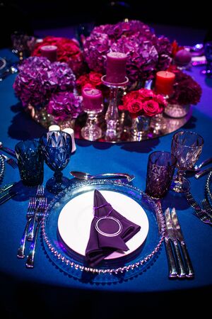 Table set for wedding or another catered event dinner.の写真素材