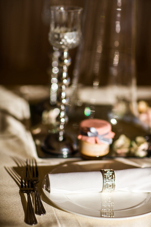 Table set for wedding or another catered event dinner.の写真素材