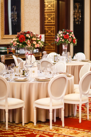 Table set for wedding or another catered event dinner.の写真素材