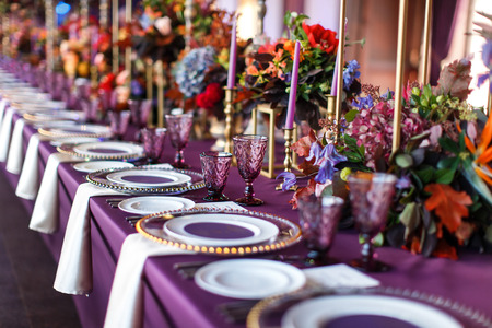 Table set for wedding or another catered event dinner.の写真素材