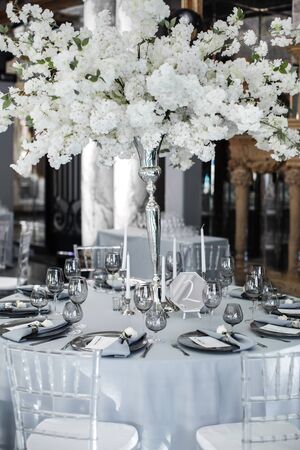 Table set for wedding or another catered event dinner.