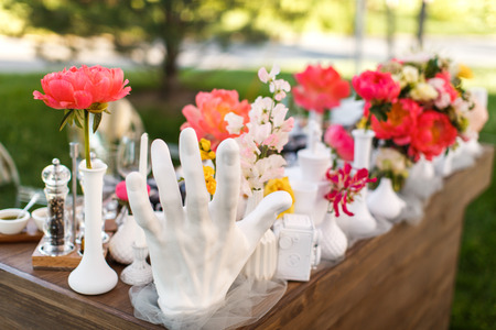 Table set for wedding or another catered event dinner.の写真素材