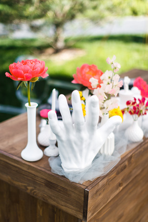 Table set for wedding or another catered event dinner.の写真素材