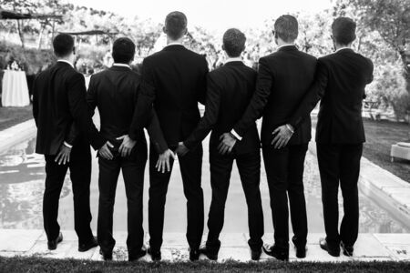Wedding day. Groom and groomsmen. Italy Villa Bordoniの写真素材