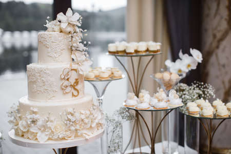 Assorted fruits and rows of glasses with wineの写真素材