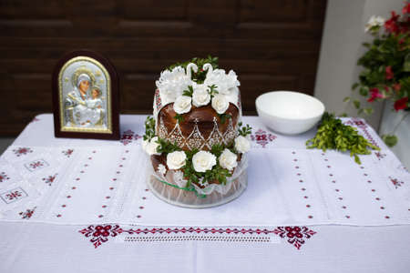 Wedding bread from wheat flour dough decorated with flowers.の写真素材