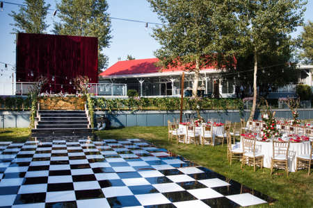 Table set for wedding or another catered event dinner.の写真素材