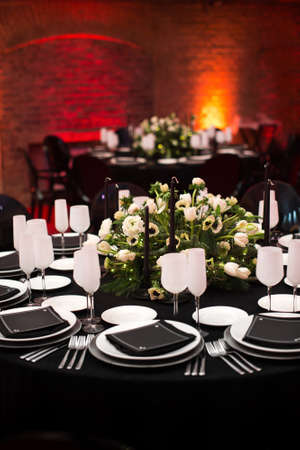 Table set for wedding or another catered event dinner.