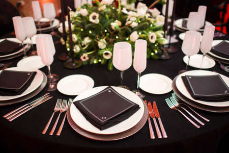 Table set for wedding or another catered event dinner.の写真素材