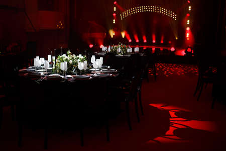 Table set for wedding or another catered event dinner.