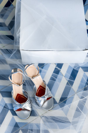 Silver wedding shoes stand on striped tiles.の写真素材