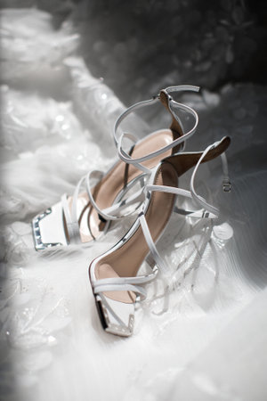 White shoes lie on a wedding dress.の写真素材