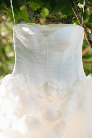 Beige wedding dress with lace. Details closeup.の写真素材