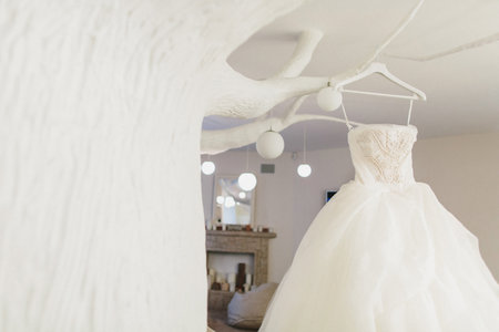 Wedding dress hanging on a white tree with lamps.の写真素材