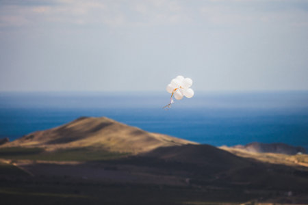 A bunch of balloons are flying in the sky.の写真素材