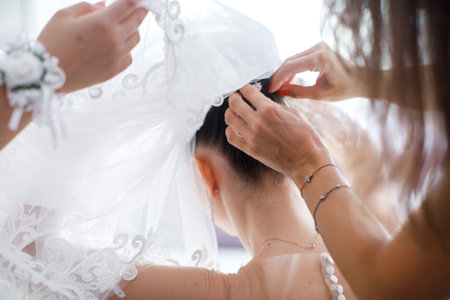 Bride in the morning during wedding preparations.の写真素材