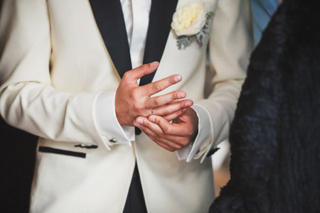 Groom in the morning during wedding preparations.の写真素材
