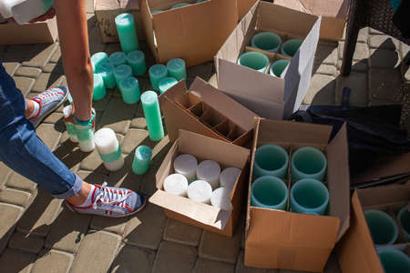 Candles in boxes for the wedding ceremony.