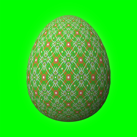 Happy Easter - Frohe Ostern, Artfully designed and colorful easter egg, 3D illustration on green backgroundの写真素材