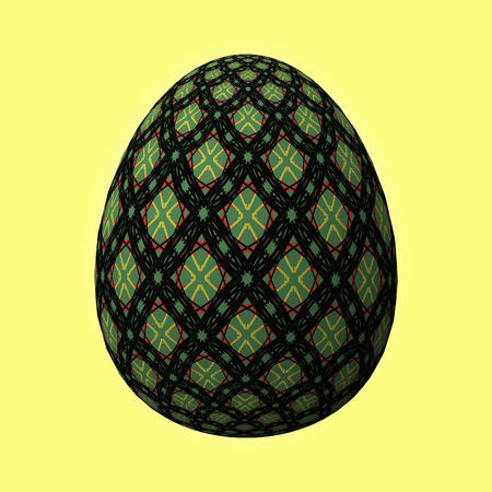 Happy Easter - Frohe Ostern, Artfully designed and colorful easter egg, 3D illustration on yellow backgroundの写真素材