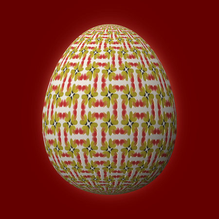 Happy Easter - Frohe Ostern, Artfully designed and colorful easter egg, 3D illustration on red backgroundの写真素材
