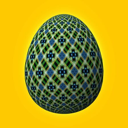 Happy Easter - Frohe Ostern, Artfully designed and colorful easter egg, 3D illustration on yellow backgroundの写真素材