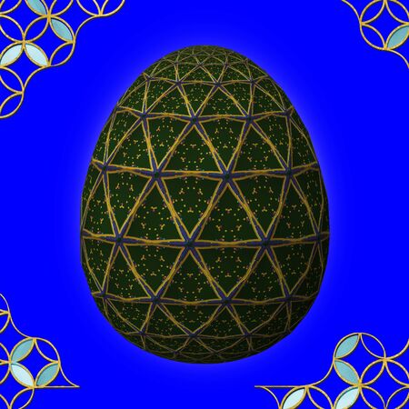 Colorful 3D easter egg with frame on blue backgroundの写真素材