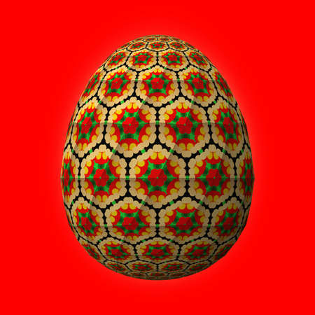 Happy Easter, Artfully designed and colorful 3D easter egg, 3D illustration on redの写真素材