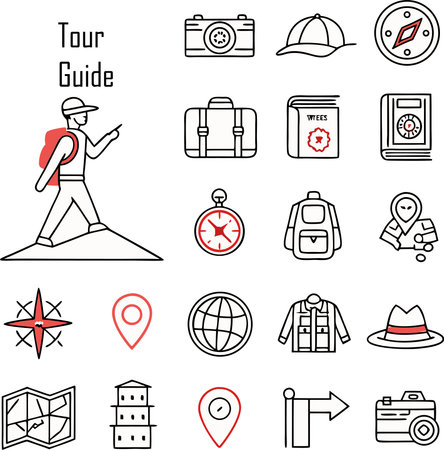 Tourist icon set in thin line style on white background vector illustrationのイラスト素材