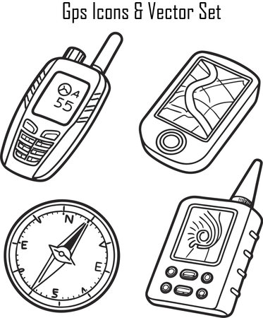 Set of black and white vector illustrations of a navigator, compass and mobile phone.のイラスト素材