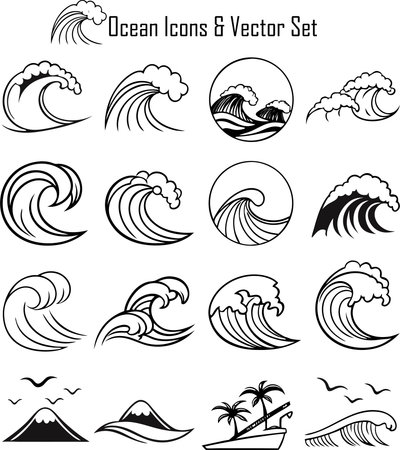 set of sea waves, vector illustration in black and white colors.のイラスト素材
