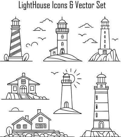 Set of lighthouse icons in line art style. Vector illustration isolated on white background.のイラスト素材