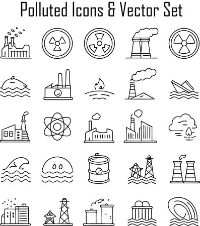 Polluted gas industry icon set, thin line design, vector illustrationのイラスト素材
