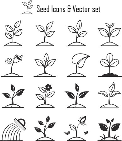 Set of black and white vector icons of plants. Vector illustration.のイラスト素材